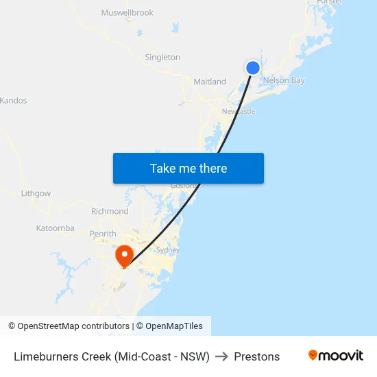 Limeburners Creek (Mid-Coast - NSW) to Prestons map