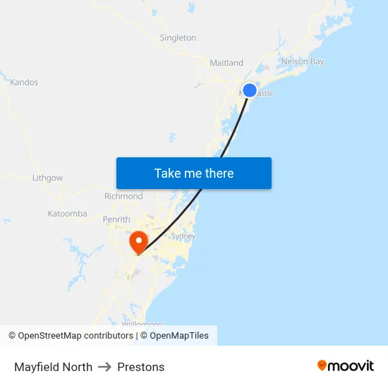 Mayfield North to Prestons map