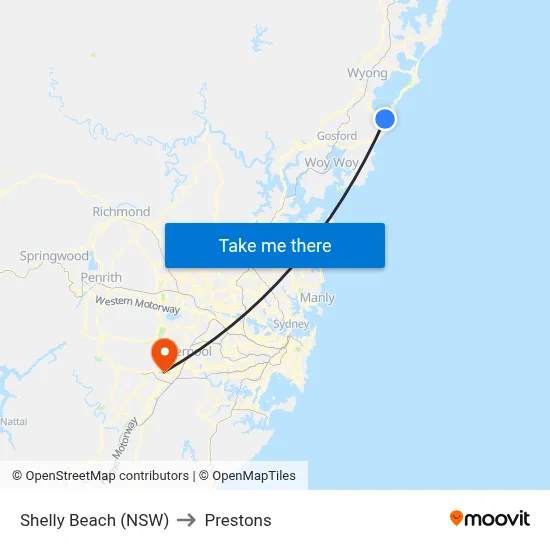 Shelly Beach (NSW) to Prestons map