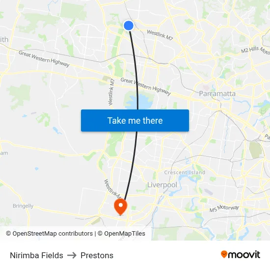 Nirimba Fields to Prestons map