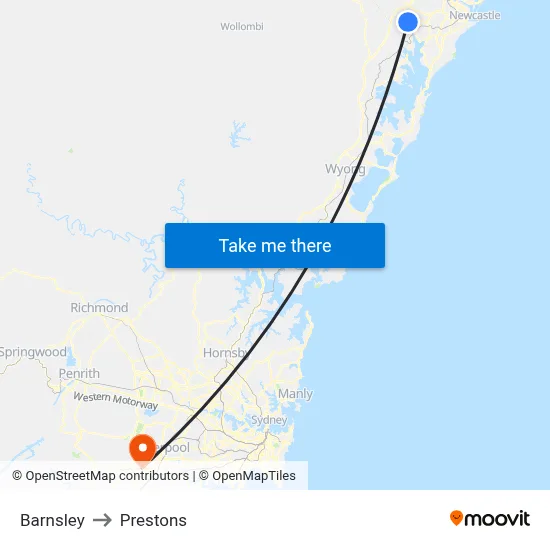 Barnsley to Prestons map