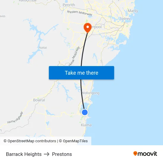 Barrack Heights to Prestons map