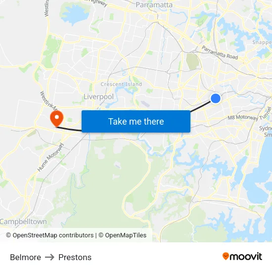 Belmore to Prestons map