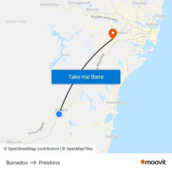 Burradoo to Prestons map