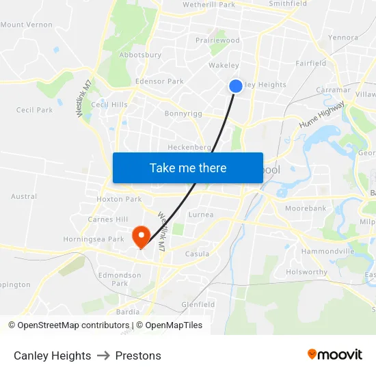 Canley Heights to Prestons map