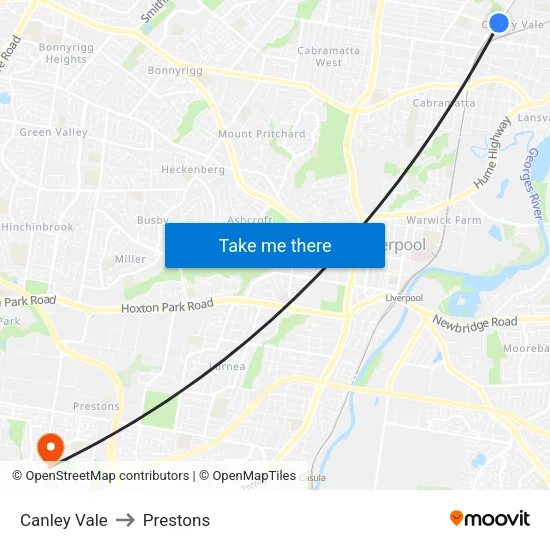 Canley Vale to Prestons map