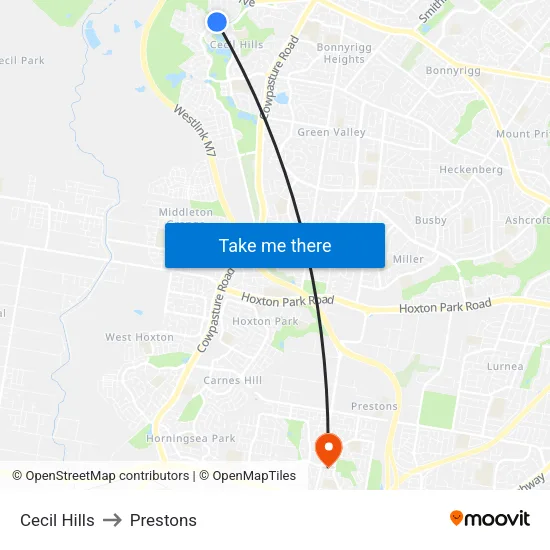 Cecil Hills to Prestons map