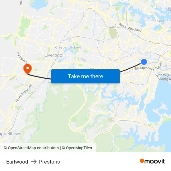 Earlwood to Prestons map