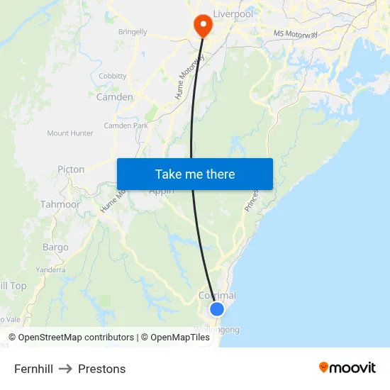 Fernhill to Prestons map