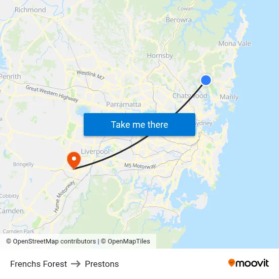 Frenchs Forest to Prestons map