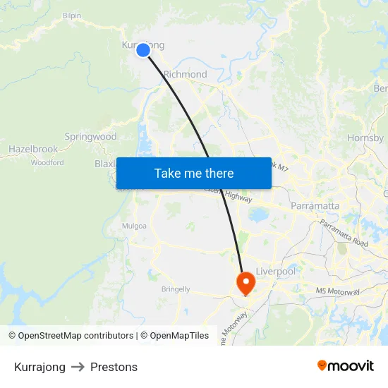 Kurrajong to Prestons map
