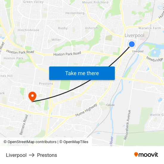 Liverpool to Prestons map