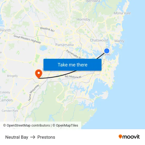 Neutral Bay to Prestons map