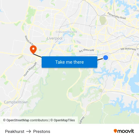 Peakhurst to Prestons map