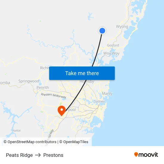 Peats Ridge to Prestons map