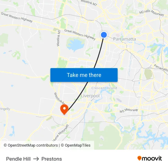 Pendle Hill to Prestons map