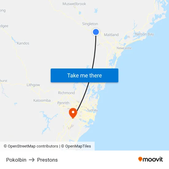 Pokolbin to Prestons map