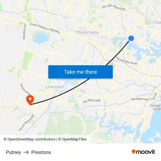 Putney to Prestons map