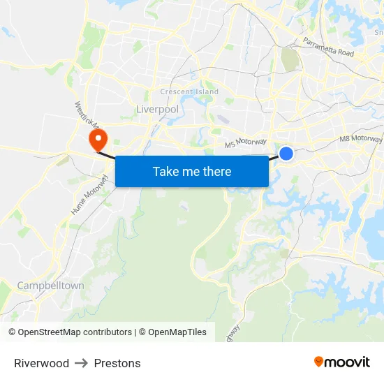 Riverwood to Prestons map