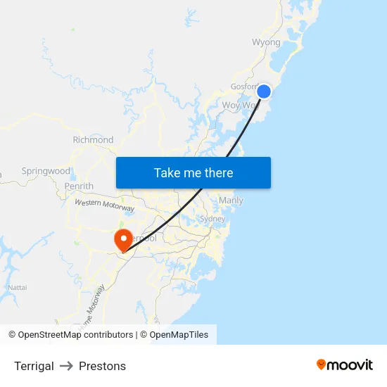 Terrigal to Prestons map