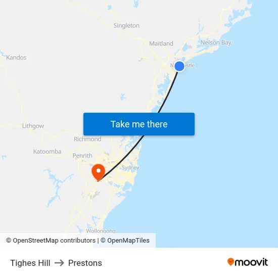 Tighes Hill to Prestons map