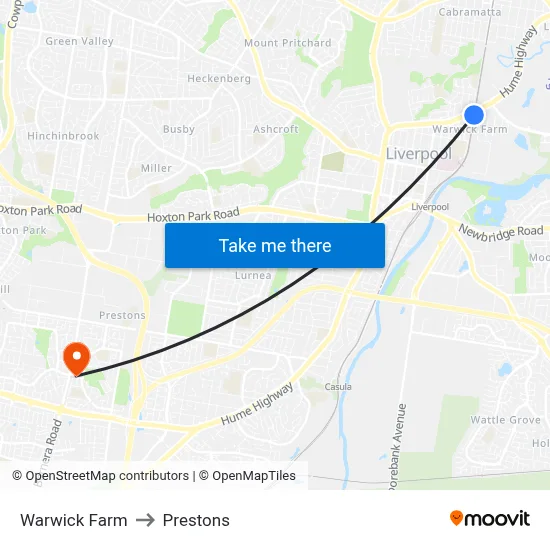 Warwick Farm to Prestons map