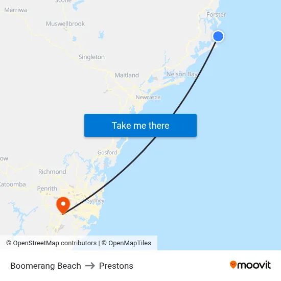 Boomerang Beach to Prestons map