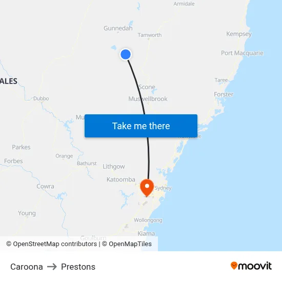 Caroona to Prestons map