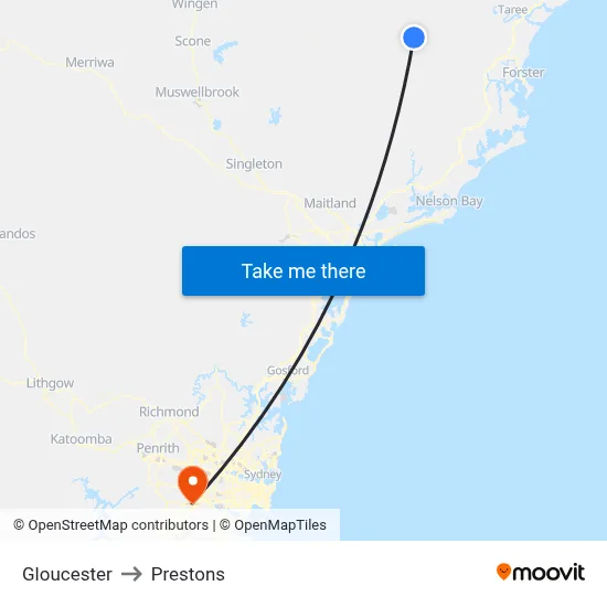 Gloucester to Prestons map