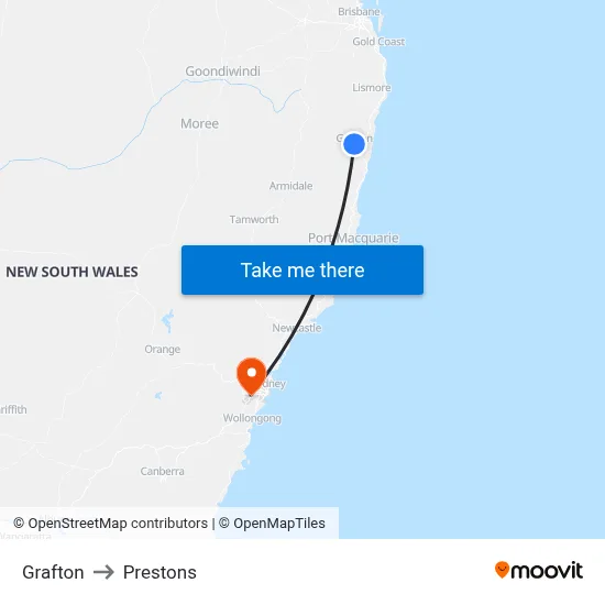 Grafton to Prestons map