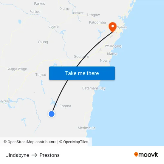 Jindabyne to Prestons map