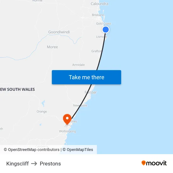 Kingscliff to Prestons map
