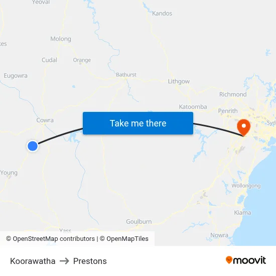 Koorawatha to Prestons map