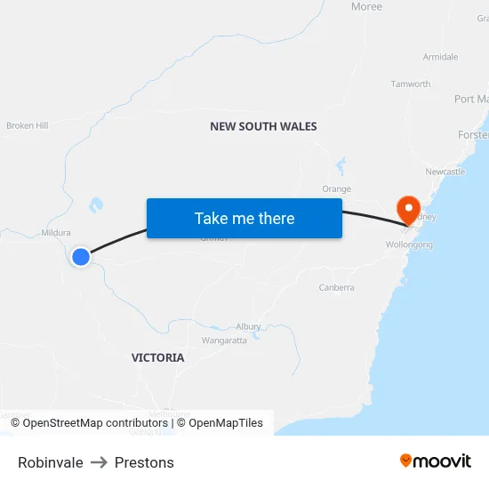 Robinvale to Prestons map