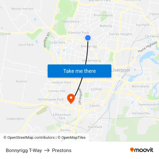 Bonnyrigg T-Way to Prestons map