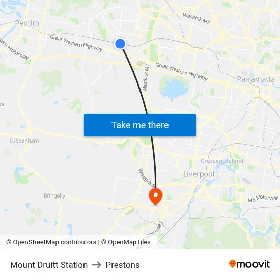 Mount Druitt Station to Prestons map