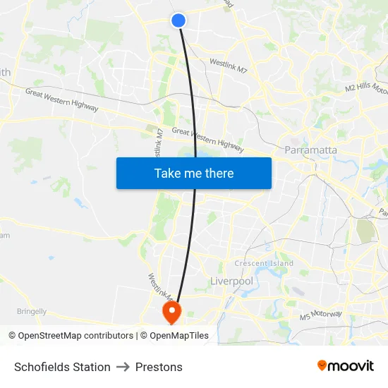 Schofields Station to Prestons map