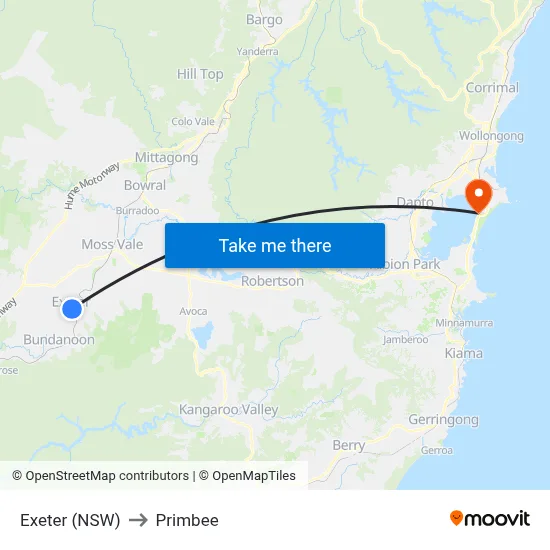Exeter (NSW) to Primbee map