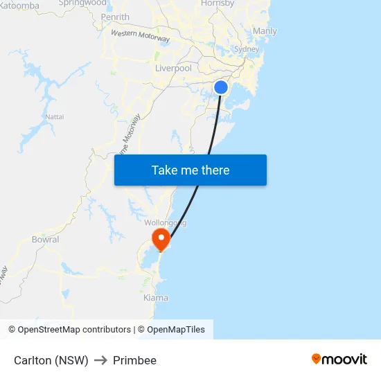 Carlton (NSW) to Primbee map