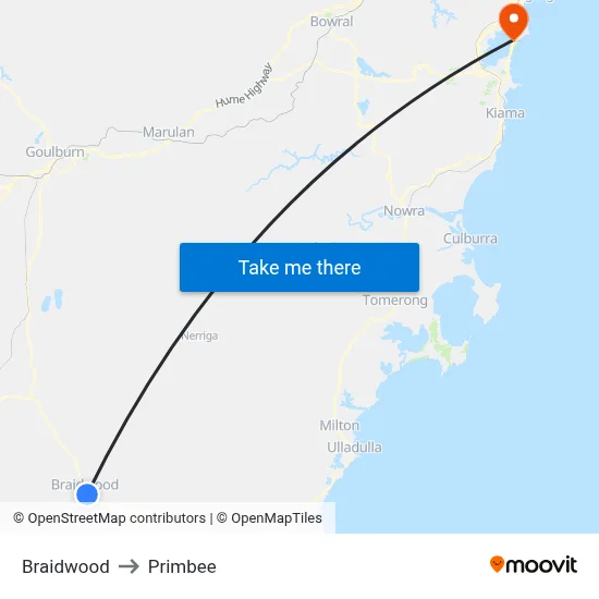 Braidwood to Primbee map