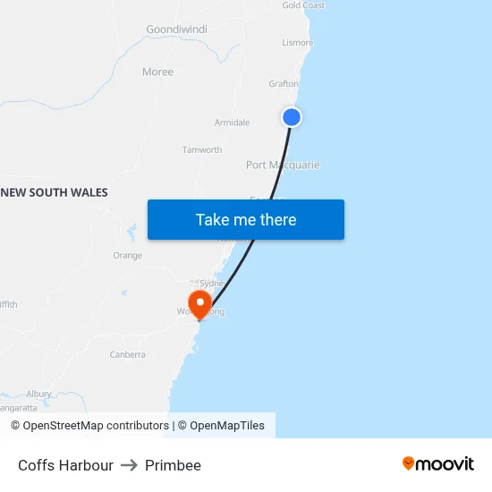 Coffs Harbour to Primbee map