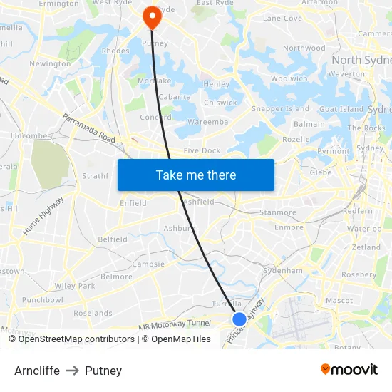 Arncliffe to Putney map