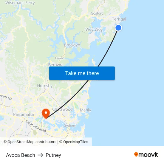 Avoca Beach to Putney map