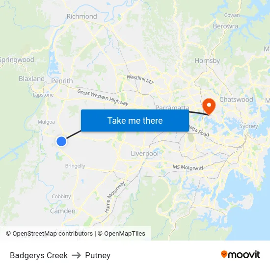 Badgerys Creek to Putney map