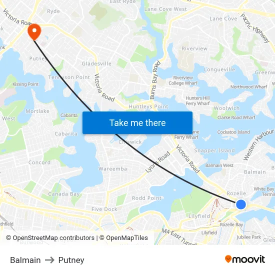 Balmain to Putney map