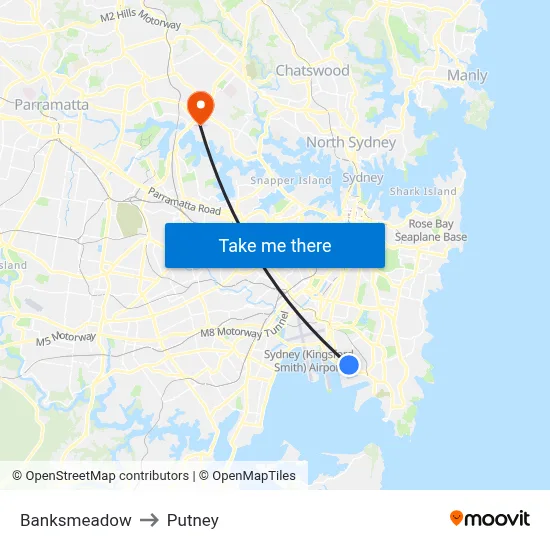 Banksmeadow to Putney map