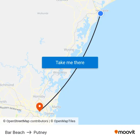 Bar Beach to Putney map