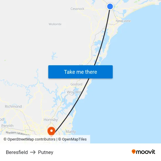 Beresfield to Putney map