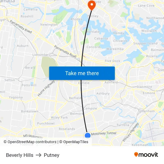 Beverly Hills to Putney map