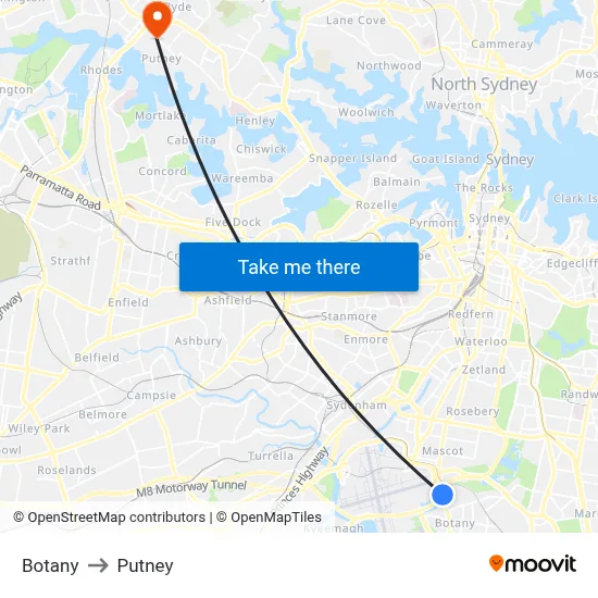 Botany to Putney map